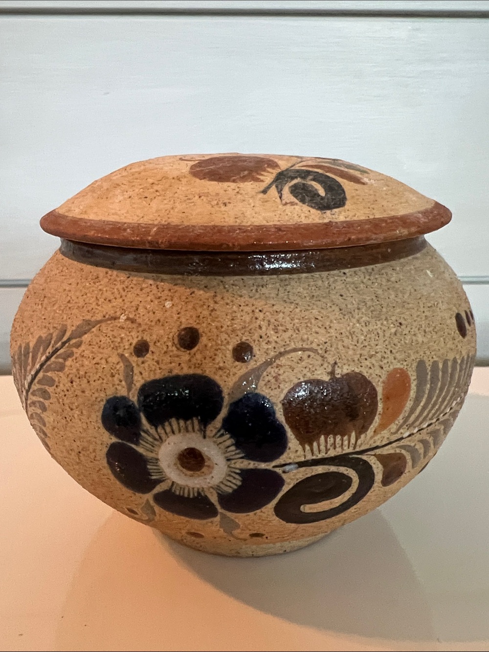 Vintage Mexican folk art stoneware pottery lidded sugar bowl or trinket jar